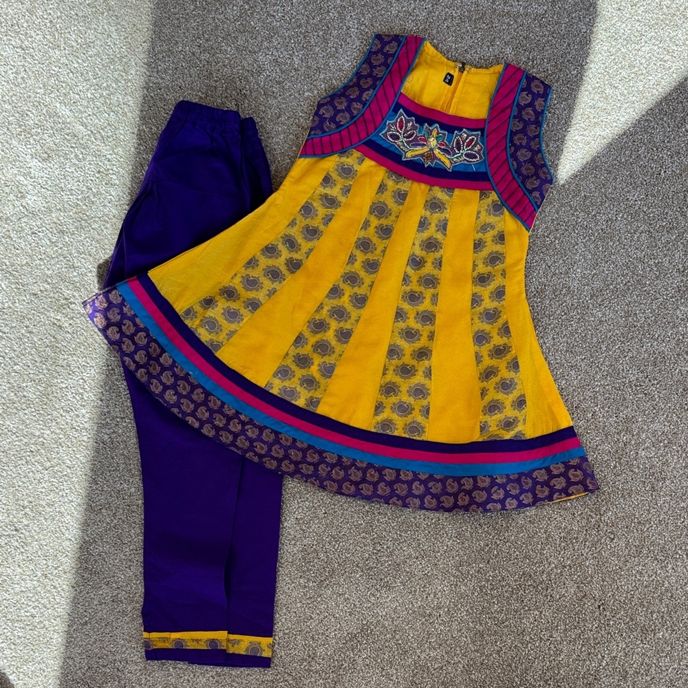 Girls Yellow & Purple Embroidered Matching Set - Vibrant Ethnic Style